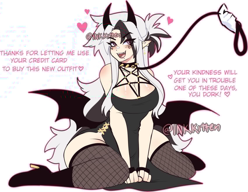 andiemations black_dress boots demon_girl fangs fishnets horns inkkitten leash pink_eyes pointy_ears ponytail spiked_collar thighs two_tone_hair