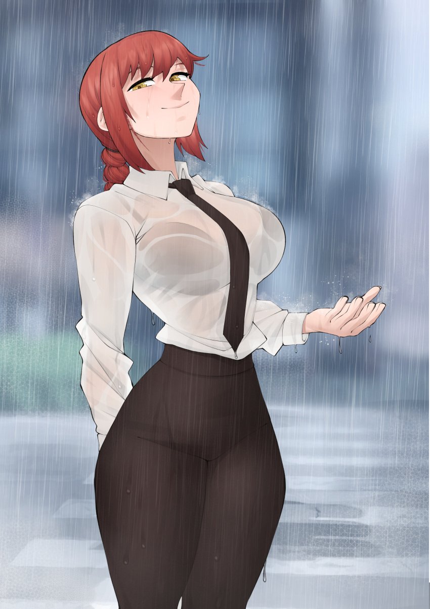 black_bra chainsaw_man female flytrapxx highres hourglass_figure makima makima_(chainsaw_man) office_clothing office_lady rain raining shirt_tucked_in tagme visible_bra visible_bra_through_clothes wet wet_clothes