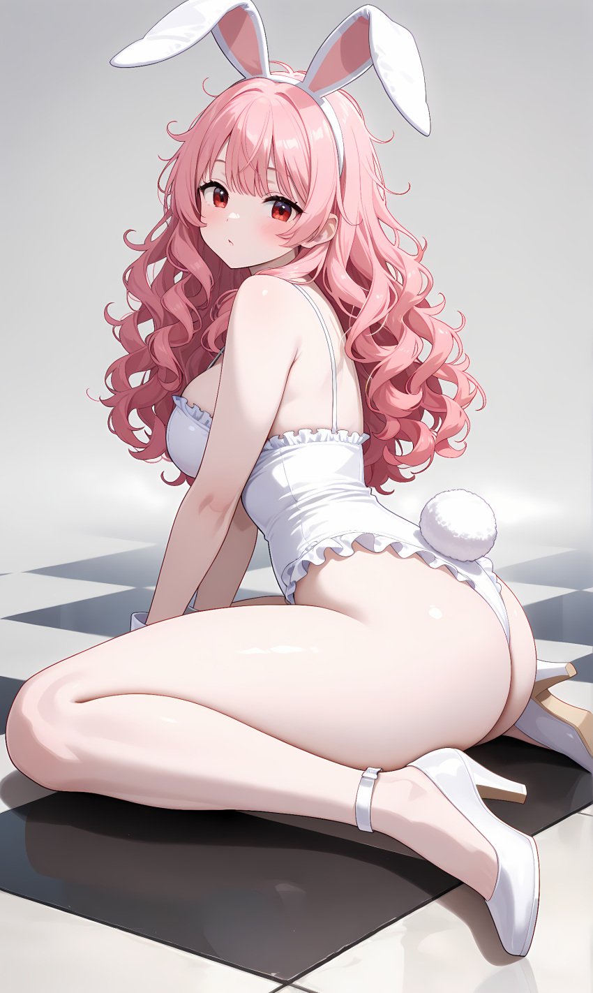 ai_generated bunny_costume bunny_ear bunny_ears bunny_girl bunny_tail bunnysuit checkered_floor curly_hair disheveled_hair frills long_hair messy_hair oc original_character pale-skinned_female pale_skin pink_hair pink_hair_female red_eye red_eyes red_eyes_female shiny_skin unkempt_hair wavy_hair white_bunny_ears white_bunnygirl_costume white_bunnysuit white_heels white_high_heels white_highlights white_skin