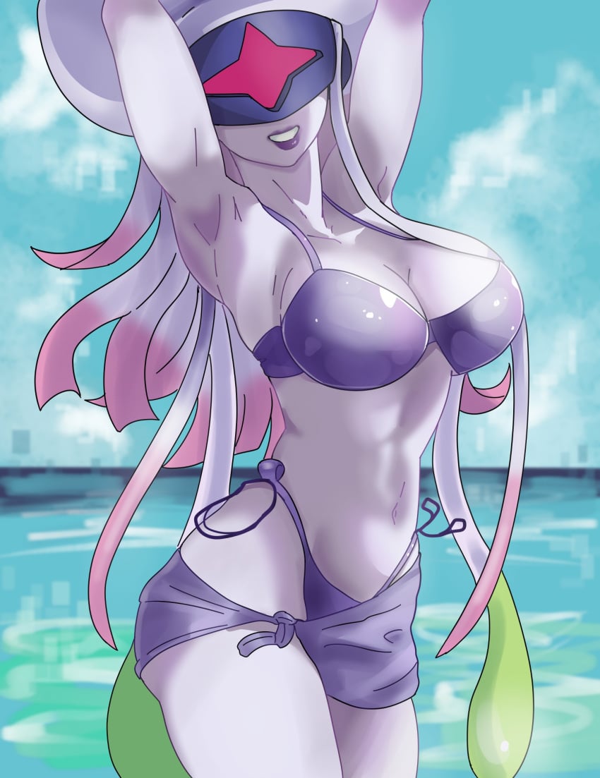 1girls 2024 arms_up big_breasts bikini dan_de_lion digimon digimon_(species) digimon_ghost_game female female_only hi_res looking_at_viewer purple_lips sea smiling smiling_at_viewer solo tentacle_hair thetismon