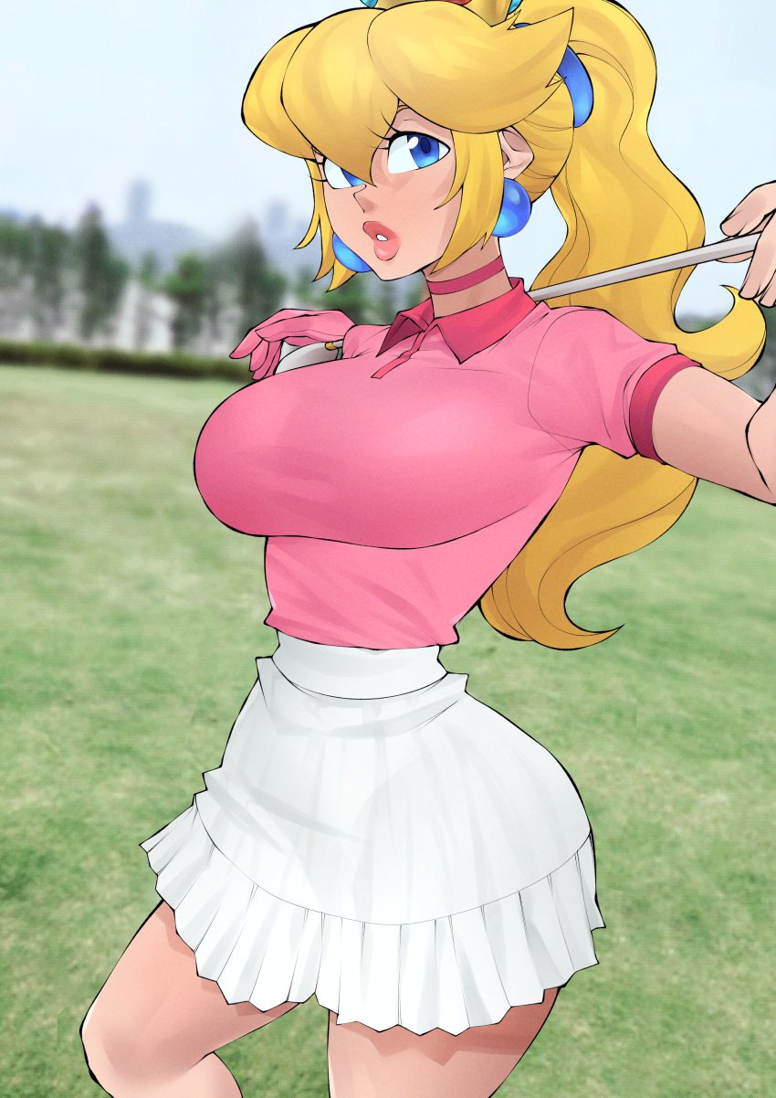 female flytrapxx golf_outfit mario_(series) nintendo princess_peach shirt_tucked_in shirt_tucked_in_skirt skirt tagme