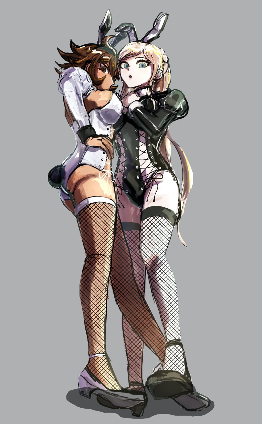 2girls artist_request blonde_hair brown_hair bunny_costume bunny_ear bunny_ears bunny_girl bunny_tail bunnysuit danganronpa danganronpa_2:_goodbye_despair dark-skinned_female female_only fishnet fishnet_legwear fishnet_stockings fishnets long_hair owari_akane princess short_hair sole_female sonia_nevermind tagme thick_hips thick_thighs thighhighs thighs