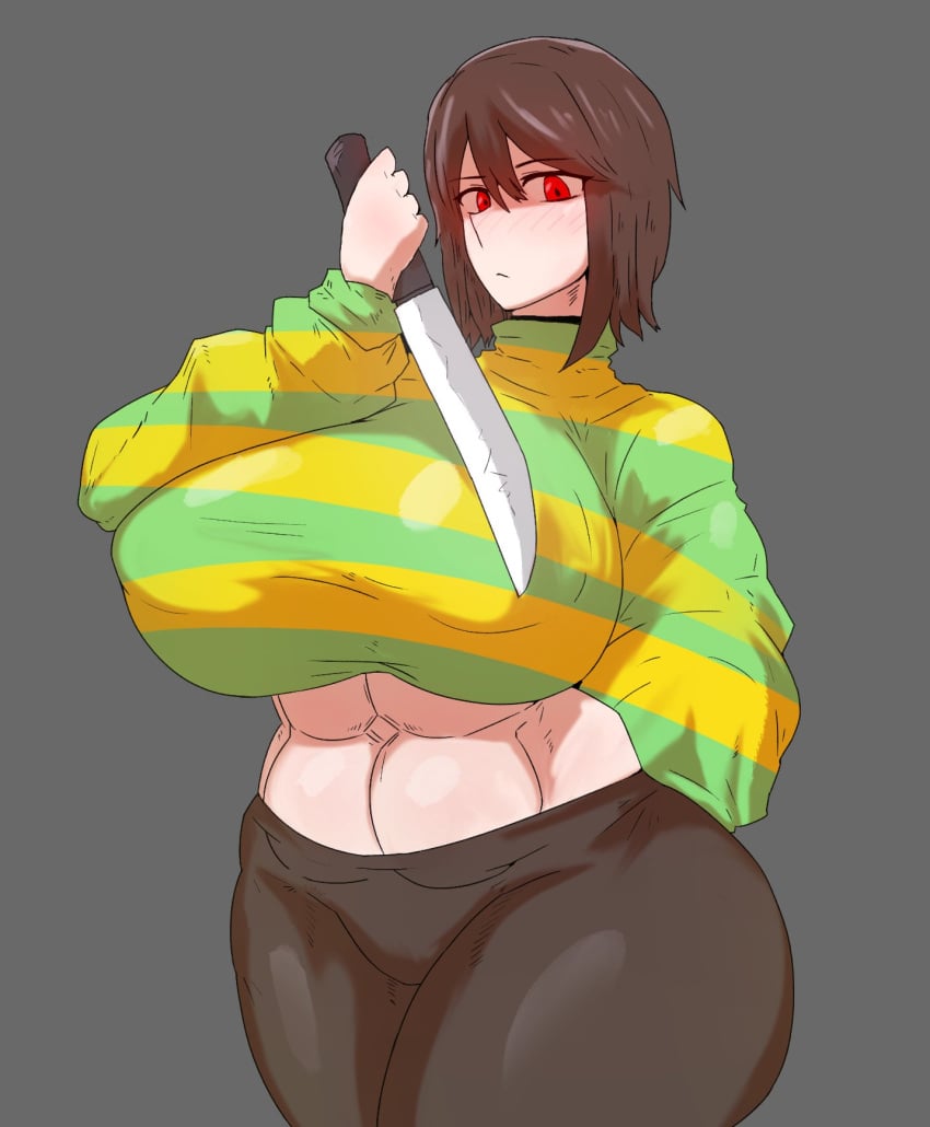 925kyohei abs brown_hair brown_pants chara eyeshadow glowing_eyes huge_breasts knife kunaboto_(style) looking_at_viewer pants red_eyes short_hair solo sweater undertale undertale_(series)