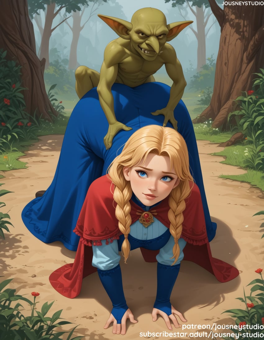 1boy ai_generated all_fours anna_(frozen) arm_support armor ass bangs blonde_hair blue_dress blue_eyes blue_gloves blush braid breasts bridal_gauntlets cape capelet closed_mouth clothed_female_nude_male clothing colored_skin day disney disney_princess doggy_style dress elf female female flower forehead forest frozen_(film) frozen_2 grass jousneystudio lips long_hair looking_at_viewer male medium_breasts monster_boy nature nude outdoors parted_bangs plant pointed_ears red_cape sex straight taken_from_behind tied_hair tree twin_braids