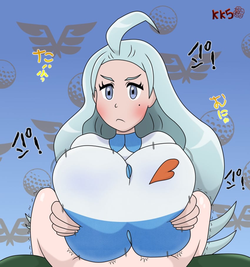 1boy 1girls alolanfirestone alternate_breast_size alternate_version_available big_breasts blush breasts cfnm clothed_female_nude_male color female heart huge_breasts japanese_text kahili_(pokemon) large_breasts long_hair looking_at_viewer male nintendo paizuri paizuri_lead_by_female paizuri_on_lap paizuri_under_clothes pokemon pokemon_sm pov pov_eye_contact pov_paizuri straight text