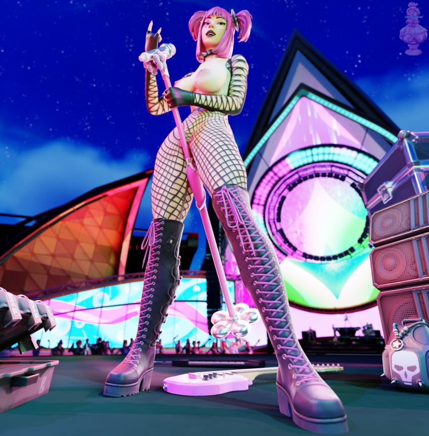 3d blender boots drop_dee_(fortnite) exhibitionism fishnet_armwear fishnet_legwear fishnets fortnite haziest_mirage looking_at_viewer medium_breasts microphone nude_female on_stage pink_hair punk_girl twintails