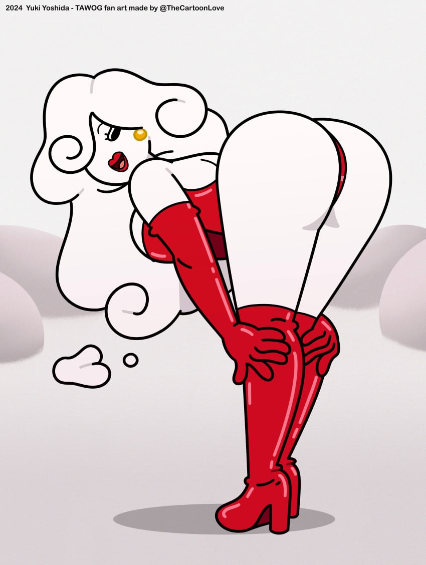 accurate_art_style back_view clothed clothing elemental_humanoid grabbing_legs latex latex_thighhighs looking_at_viewer milf simple_background the_amazing_world_of_gumball the_cartoon_love thick_legs thick_thighs tight_clothing white_body yuki_yoshida