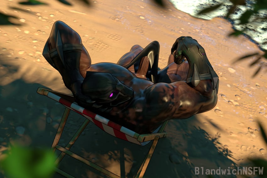 3d alcohol barely_contained beach black_clothing black_panther black_panther_(marvel) black_panther_(series) blandwich blender_(software) casual_nudity dark_skin erection erection_under_clothes glowing_eyes ineffective_clothing male male_only male_thong marvel marvel_rivals public public_nudity solo sunbathing superhero t'challa thong