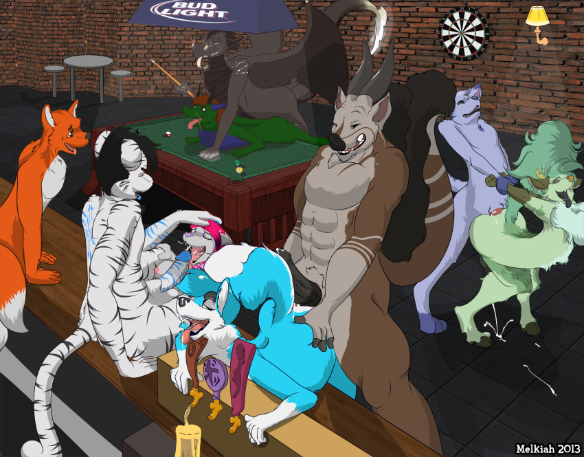 alcohol anal anthro ball bar beer beverage billiards bricks bud_light canine cue_stick cum cum_in_mouth cum_inside dart_board dragon fox from_behind fur furry hi_res horn husky lamp leaning melkiah oral penis pool_table raised_tail table tile tongue