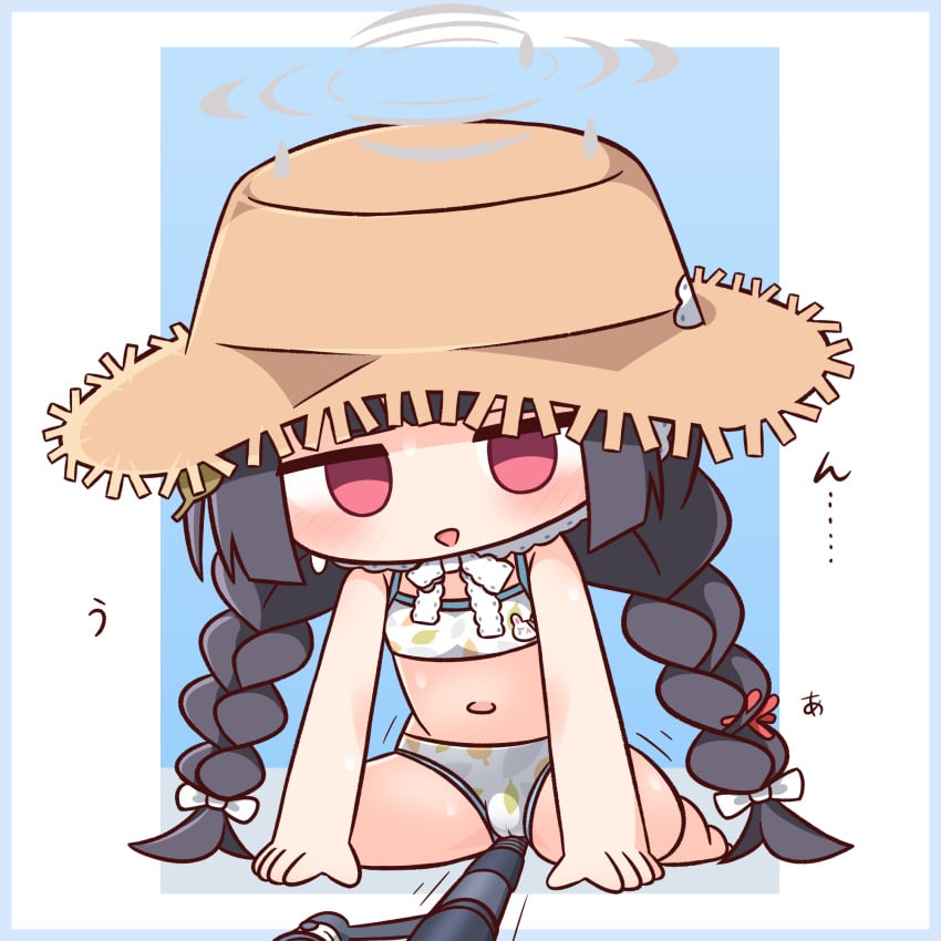 :&gt; bare_arms bare_shoulders barefoot bikini black_hair blue_archive blue_background blue_border blush border bow braid brown_hat cameltoe chibi crotch_rub empty_eyes female full_body hairbow halo hana_kazari hat highres leaf_print low_twintails miyu_(blue_archive) miyu_(swimsuit)_(blue_archive) navel open_mouth print_bikini red_eyes solo straw_hat swimsuit translation_request triangle_mouth twin_braids twintails white_bikini white_border white_bow young