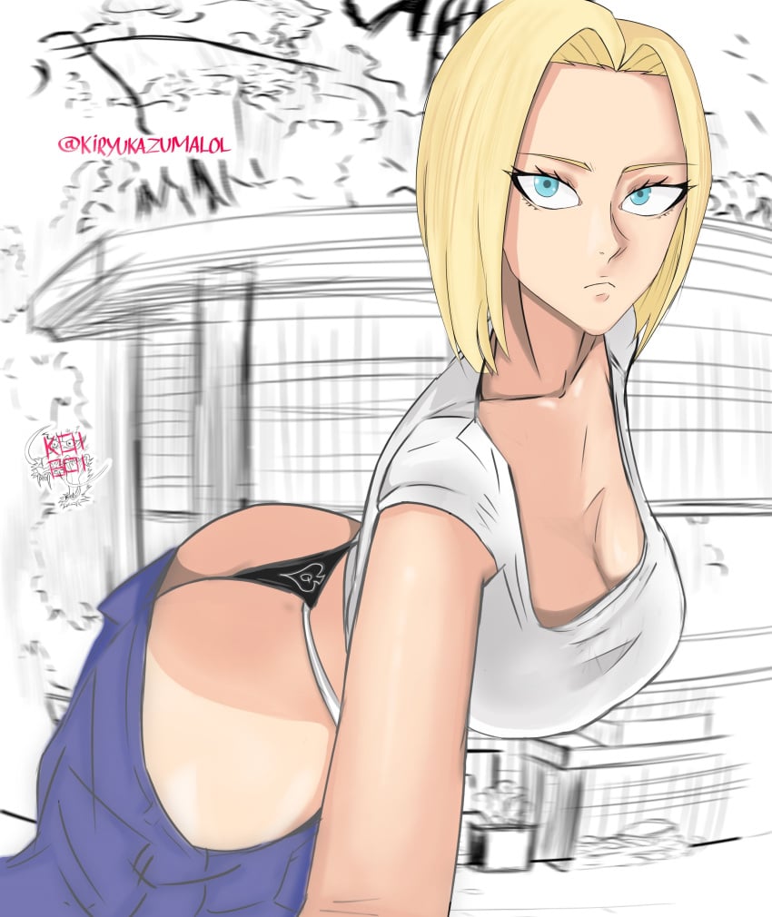 android_18 blonde_hair blue_eyes cuckold dragon_ball dragon_ball_super dragon_ball_z huge_ass huge_breasts kiryukazumalol netorare queen_of_spades thong