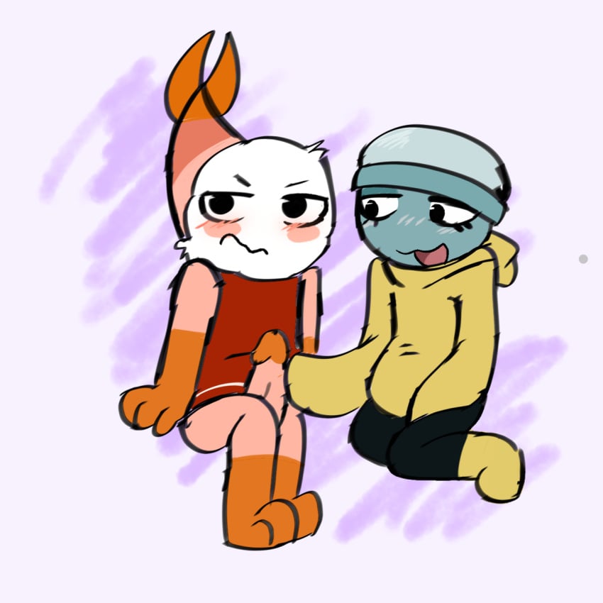 animate_inanimate crustacean dandy's_world digital_media_(artwork) duo fully_clothed gigi_(dandy's_world) humanoid_genitalia humanoid_penis ibispaintx not_furry penis_out roblox sebthekitty shrimp shrimpo_(dandy's_world)