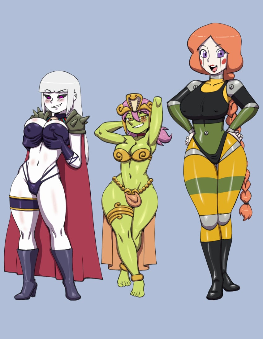 1futa 2girls alice_(marisfaraway) android blush boots bulge cosplay darkeros13 female futanari ghost goblin green_skin large_breasts mara_(marisfaraway) naga_the_serpent_(cosplay) pushing_breasts_up queen_vexus_(cosplay) raki_(marisfaraway) robot_girl sports_bra thong