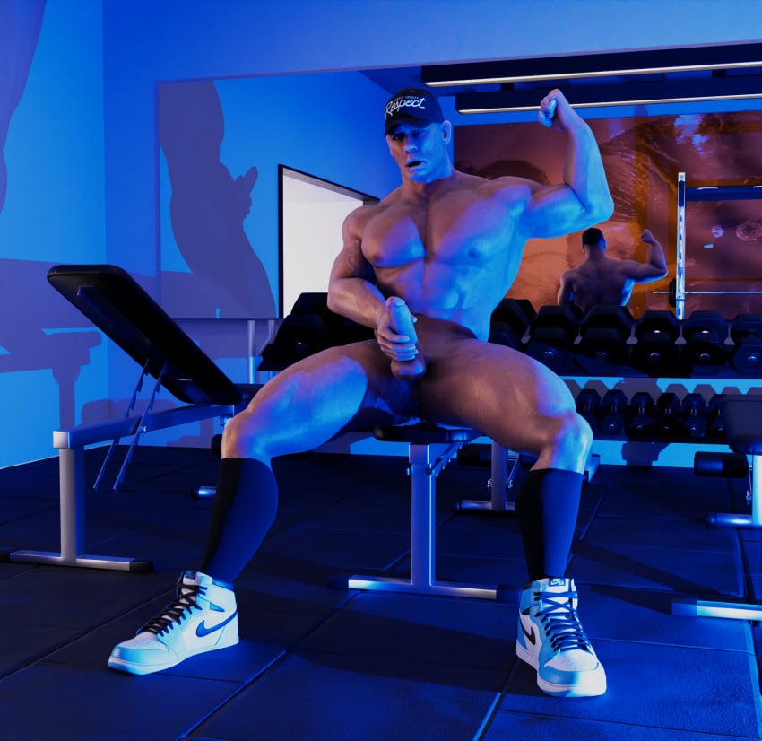 3d 3d_(artwork) bara flexing flexing_bicep gay gym john_cena large_penis male masturbation muscular muscular_male nike sneakers socks socks_and_shoes solo_male