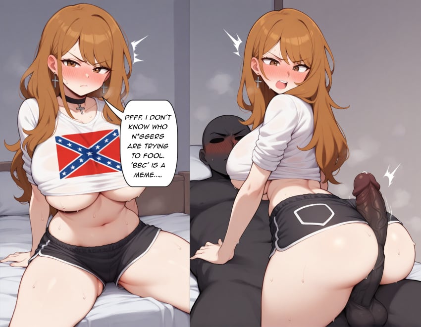 :| ai_generated bed bedroom big_ass big_breasts black_choker black_penis black_shorts brown_hair closed_mouth confederate_flag_shirt cowgirl_position cross_earrings dark-skinned_male dark_skin dialogue english_text female full-face_blush indoors interracial large_penis laying_on_bed light-skinned_female light_skin long_hair looking_at_viewer looking_over_shoulder male male/female open_mouth original_character penis_between_ass speech_bubble sweat sweating thick_thighs underboob underbutt v-shaped_eyebrows veiny_penis white_shirt