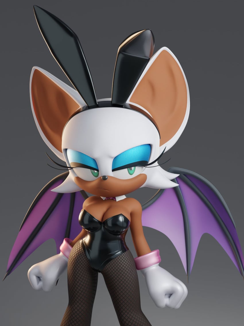 3d 3d_(artwork) 3d_model 3d_render annoyed_expression bat_wings big_breasts big_ears black_bunnysuit blue_eyeshadow bunny_costume bunny_ears bunnysuit dark-skinned_female eyelashes fishnet_legwear gloves green_eyes half-closed_eyes rouge_the_bat sega sonic_(series) sonic_the_hedgehog_(series) strawberiie thin_waist white_fur wide_hips