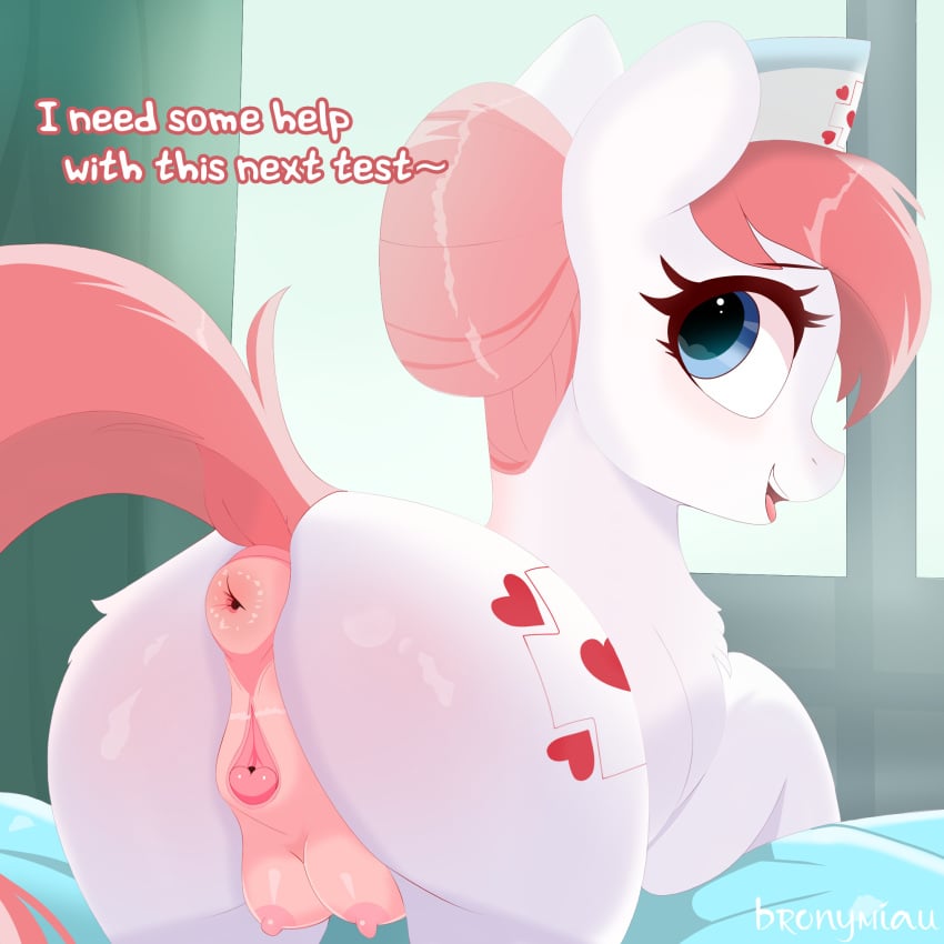 1girls anus ass blue_eyes english_text equine female feral friendship_is_magic looking_at_viewer looking_back mlp:fim mlp_g4 my_little_pony nsfw nurse_redheart pink_hair pony pussy smile talking_to_viewer text