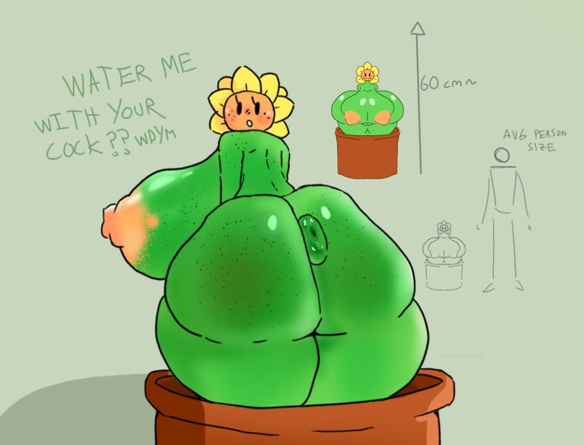 anthro anthrofied areolae bimbofication breasts_bigger_than_head breasts_out clueless cute flower gaping_anus green_body green_skin huge_ass huge_breasts innocent looking_at_viewer nipples plant plant_girl plant_pot plants_vs_zombies pvz shortstack size_difference sunflower sunflower_(pvz) tagme text what zeraniumz