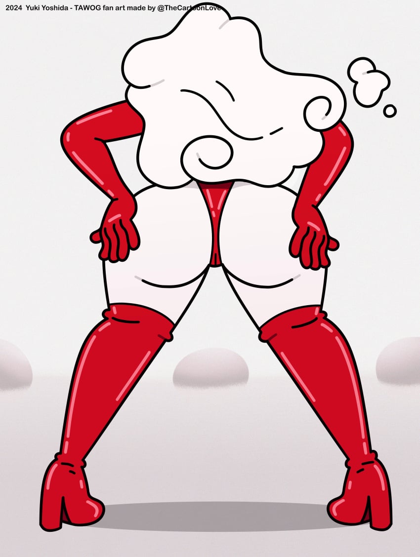 accurate_art_style back_view clothed clothing elemental_humanoid latex latex_thighhighs milf simple_background spread_butt spread_legs the_amazing_world_of_gumball the_cartoon_love thick_legs thick_thighs tight_clothing white_body yuki_yoshida