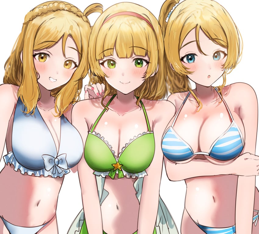 3girls arm_under_breast arm_under_breasts ayase_eli bare_arms bare_belly bare_chest bare_hands bare_hips bare_legs bare_midriff bare_navel bare_shoulders bare_skin bare_thighs belly belly_button bikini bikini_bottom bikini_only bikini_top blonde_eyebrows blonde_female blonde_hair blonde_hair blonde_hair_female blue_eyes blue_eyes_female blunt_bangs blush blush_face blush_lines blushed_face blushing_at_viewer blushing_face blushing_female braid braided_hair breasts busty busty_female busty_girl busty_teen cleavage closed_mouth_smile collarbone crown_braid curvaceous curvaceous_body curvaceous_female curvaceous_figure curvaceous_hips curvaceous_teen curvy curvy_body curvy_female curvy_figure curvy_hips curvy_teen dot_nose elbows exposed_arms exposed_belly exposed_chest exposed_hips exposed_legs exposed_midriff exposed_navel exposed_shoulders exposed_skin exposed_thighs eyebrows_visible_through_hair fair_skin female female_focus female_only fingernails fingers frilled_bikini frilled_bikini_top front-tie_bikini front-tie_bikini_top front-tie_swimwear green_bikini green_bikini_bottom green_bikini_top green_eyes green_eyes_female green_string_bikini green_swimsuit green_swimwear grin grinning grinning_at_viewer hairband hand_on_arm hand_on_own_arm heanna_sumire high_resolution high_school_student highres hourglass_figure large_breasts lean_body lean_figure light-skined_female light-skinned light-skinned_female light_skin light_skin_female light_skinned light_skinned_female lips long_hair looking_at_viewer love_live! love_live!_school_idol_project love_live!_sunshine!! love_live!_superstar!! midriff multiple_females multiple_girls nail_polish nails narrow_waist navel ohara_mari parted_bangs pink_fingernails pink_nail_polish pink_nails ponytail red_hairband school_girl school_girls shiny_breasts shiny_skin shoulders side-tie_bikini simple_background slender_body slender_waist slim_girl slim_waist smile smiley_face smiling smiling_at_viewer smirk smooth_skin smug_grin standing string_bikini striped_bikini striped_bikini_bottom striped_bikini_top striped_string_bikini striped_swimsuit striped_swimwear sunya_(honorin-yuunibo) swimsuit swimwear teen_girl teenage_girl teenage_girls teenager thin_waist upper_body wavy_hair white_background white_bikini white_bikini_bottom white_bikini_top white_swimsuit white_swimwear wide_hips yellow_eyebrows yellow_eyes yellow_eyes_female yellow_hair yellow_hair_female