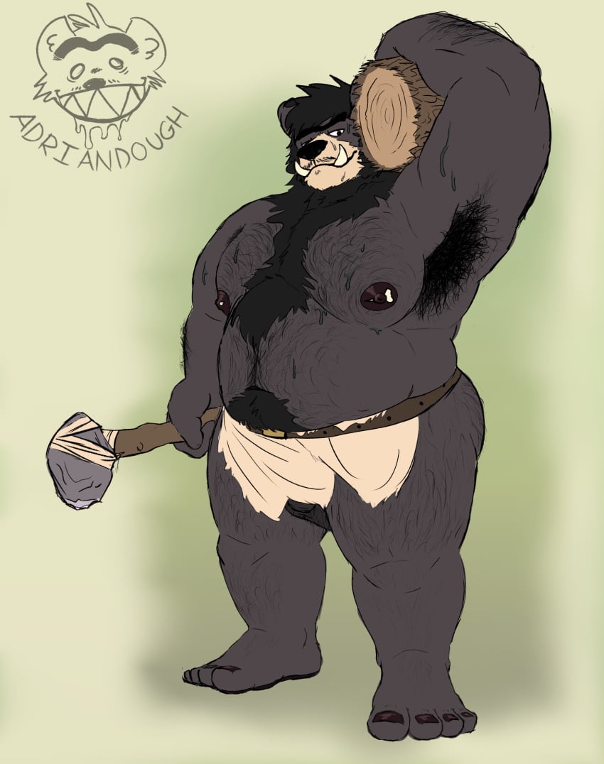 adrian_dough anthro armpit_hair bear belt black_bear bodily_fluids body_hair bone bottomwear chest_hair clothed clothing darkened_genitalia eyebrows feet genitals happy_trail hi_res holding_object holding_weapon log loincloth male mammal muscular nails nipple_piercing nipples overweight overweight_male partially_clothed piercing pubes solo sweat toenails toes tusks unibrow ursine weapon wood