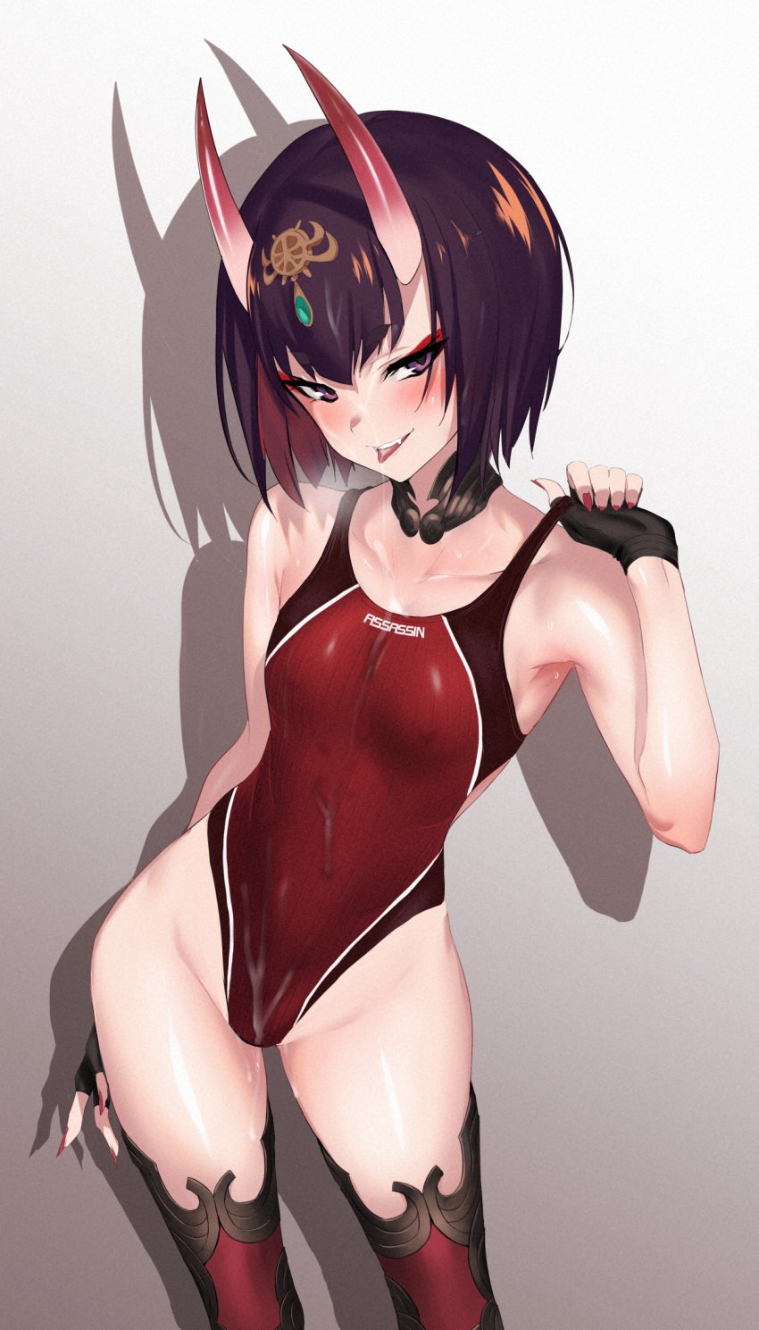 black_gloves black_one-piece_swimsuit black_thighhighs blush bob_cut breasts collarbone competition_swimsuit covered_navel cum cum_on_body detached_collar eyeliner facial fate/grand_order fate_(series) female fingerless_gloves gloves gradient_background headpiece highleg highleg_one-piece_swimsuit highres horns looking_at_viewer makeup nail_polish oerba_yun_fang one-piece_swimsuit oni open_mouth pink_nails purple_eyes purple_hair red_one-piece_swimsuit shadow short_eyebrows short_hair shuten_douji_(fate) skin-covered_horns small_breasts smile solo strap_pull swimsuit thighhighs thighs tongue tongue_out two-tone_swimsuit ulrich_(tagaragakuin)