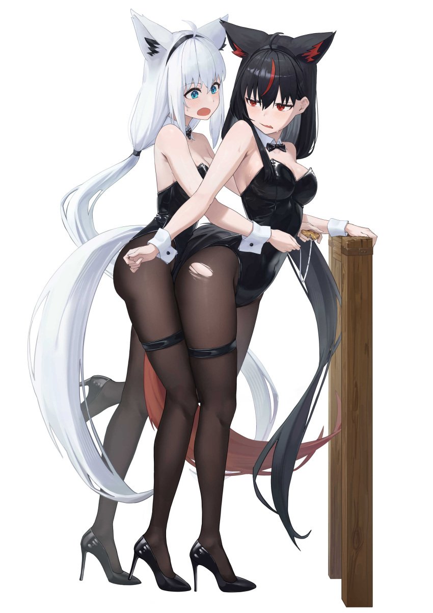 2girls absurdres against_railing ahoge alternate_costume animal_ear_fluff animal_ears aqua_eyes bare_shoulders black_bow black_bowtie black_footwear black_hair black_hairband black_leotard black_pantyhose blush bow bowtie breasts cleavage commentary_request covered_navel dark_persona detached_collar dual_persona extra_ears fox_ears fox_girl fox_tail full_body hairband high_heels highres holding hololive hololive_gamers hololive_gen_1 hololive_japan hug hug_from_behind kurokami_fubuki leotard long_hair low_ponytail low_twintails medium_breasts multicolored_hair multiple_girls oerba_yun_fang official_alternate_hairstyle open_mouth pantyhose playboy_bunny railing red_eyes red_hair satellite999 shirakami_fubuki sidelocks simple_background skin_fang standing strapless strapless_leotard streaked_hair tail tape_measure thigh_strap torn_clothes torn_pantyhose traditional_bowtie twintails very_long_hair virtual_youtuber white_background white_hair wrist_cuffs yuri