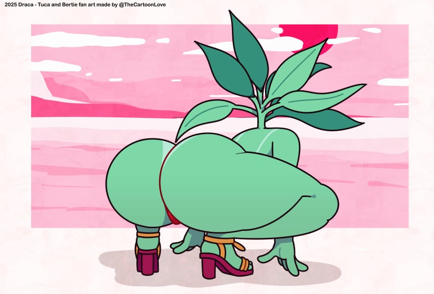 accurate_art_style adult_swim ass_focus back_view big_ass big_butt crouching draca_(tuca_and_bertie) green_body green_hair green_skin high_heels looking_at_viewer looking_pleasured mature_female micro_bikini shoes simple_background string_panties the_cartoon_love tuca_and_bertie