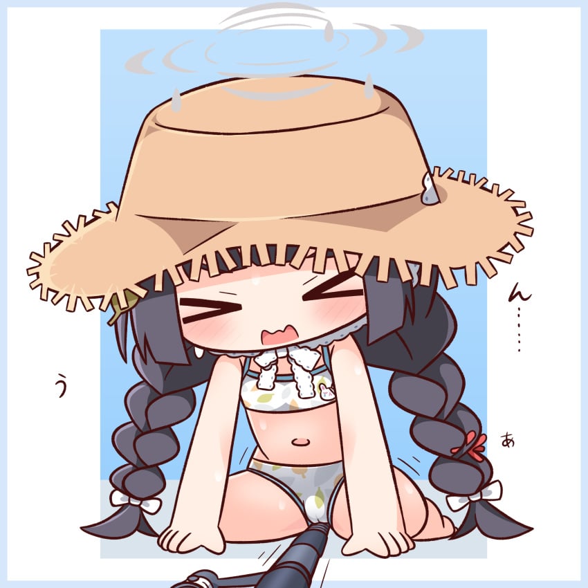 >_< bare_arms bare_shoulders barefoot bikini black_hair blue_archive blue_background blue_border blush border bow braid brown_hat cameltoe chibi closed_eyes crotch_rub facing_viewer female full_body hairbow halo hana_kazari hat highres leaf_print low_twintails miyu_(blue_archive) miyu_(swimsuit)_(blue_archive) navel open_mouth print_bikini solo straw_hat swimsuit translation_request twin_braids twintails v-shaped_eyebrows wavy_mouth white_bikini white_border white_bow young