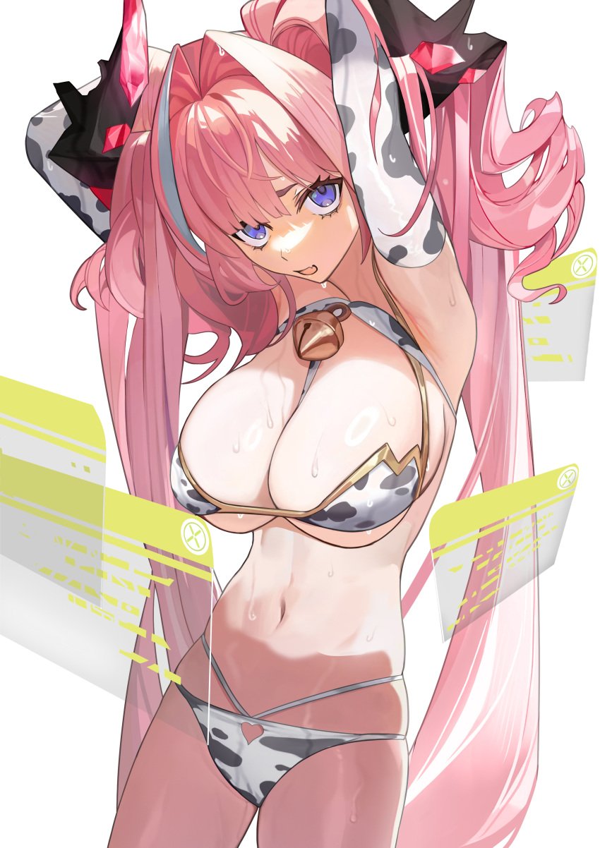 1girls 2025 arknights arknights:_endfield arms_up big_breasts bikini character_request cow_print gloves hi_res light-skinned_female light_skin long_hair looking_at_viewer pink_hair purple_eyes simple_background solo standing sweat