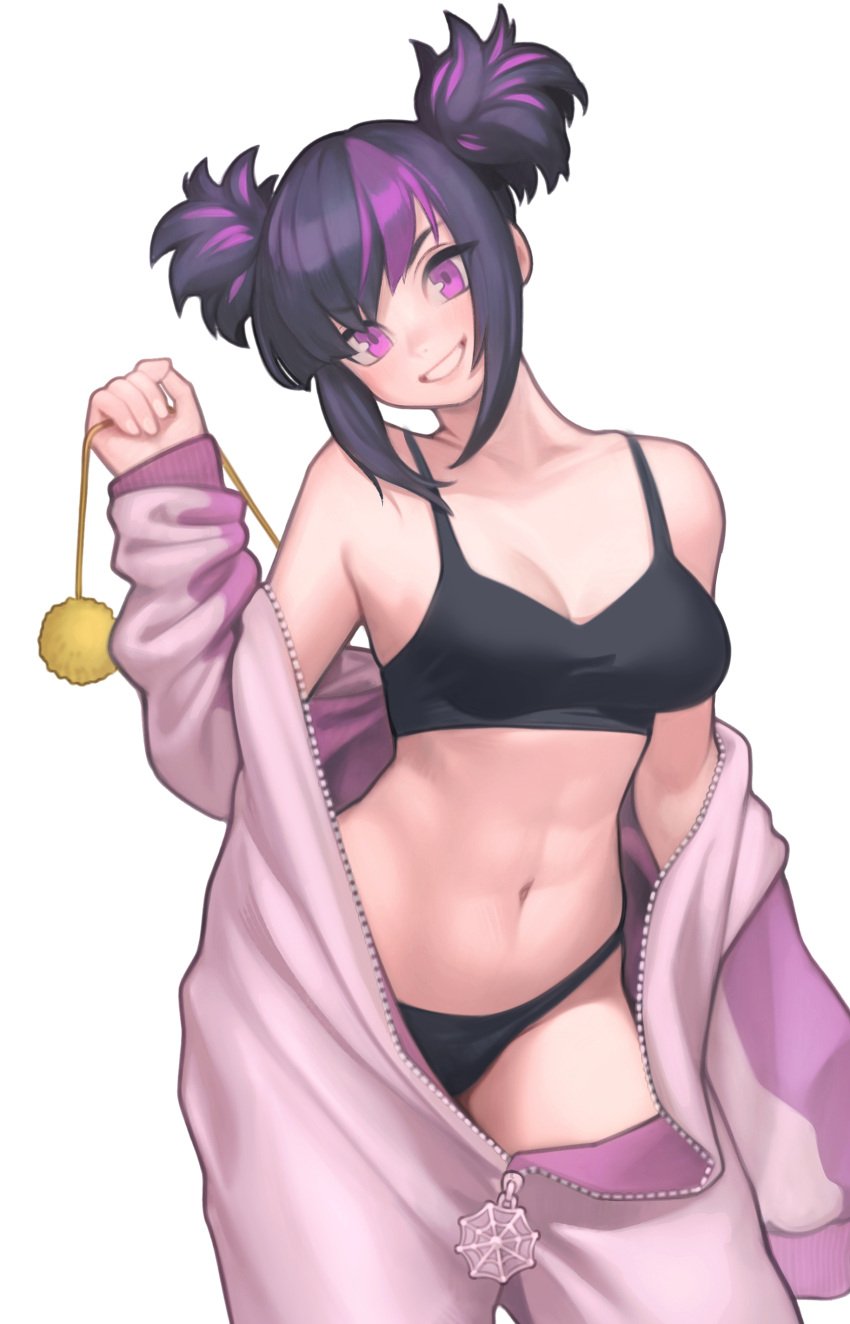 1girls abs alternate_costume black_bra black_hair black_panties bra breasts capcom female highlights_(coloring) juri_han lentiyay medium_breasts midriff multicolored_hair off_shoulder onesie open_clothes open_pajamas pajamas panties purple_eyes purple_highlights smile solo street_fighter street_fighter_6 thighs toned toned_female twintails underwear undressing unzipped