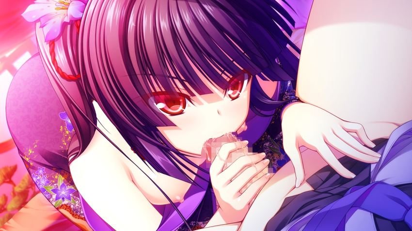 16:9 asami_asami black_hair breasts censored female game_cg japanese_clothes long_hair penis re:birth_colony red_eyes rindou_airi