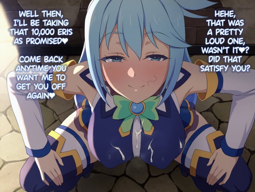 1boy 1girls after_fellatio aqua_(konosuba) blue_boots blue_eyes blue_hair blue_shirt blue_skirt boots breasts closed_mouth covered_nipples cum cum_on_body cum_on_breasts cum_on_clothes detached_sleeves english_text female from_above highres kono_subarashii_sekai_ni_shukufuku_wo! large_breasts large_variant_set long_hair looking_at_viewer male outdoors prostitution shirt skirt smile squatting straight stray_pubic_hair tedain thigh_boots thighhighs variant_set white_sleeves white_thighhighs