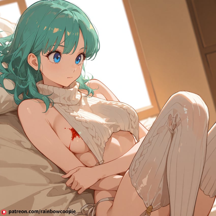 ai_generated bloodstained bruised bulma_briefs chart hair_messy medium_breasts naughty sensual virgin_destroyer_sweater