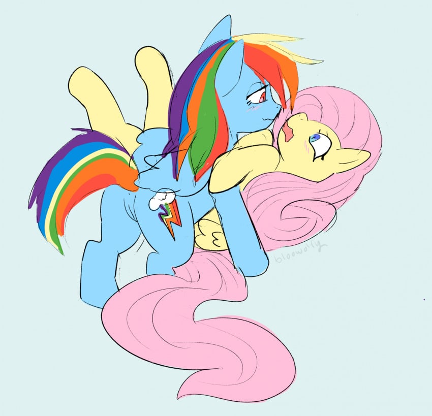 2022 2girls bloowolfy blue_body duo equid equine female female/female feral feral_on_feral fluttershy_(mlp) friendship_is_magic genitals hasbro hi_res horse looking_at_another mammal my_little_pony mythological_creature mythological_equine mythology open_mouth pegasus pony pussy rainbow_dash_(mlp) smile wings yellow_body