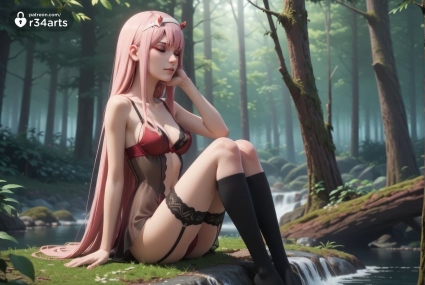 1girls ai_generated arm_support artist_name babydoll bare_shoulders black_socks bra breasts cleavage closed_eyes collarbone darling_in_the_franxx day eyeshadow forest garter_straps hairband hi_res horns kneehighs lingerie long_hair makeup medium_breasts nature navel outdoors panties pink_hair r34arts red_panties sitting socks solo straight_hair tree underwear underwear_only very_long_hair water white_hairband zero_two_(darling_in_the_franxx)