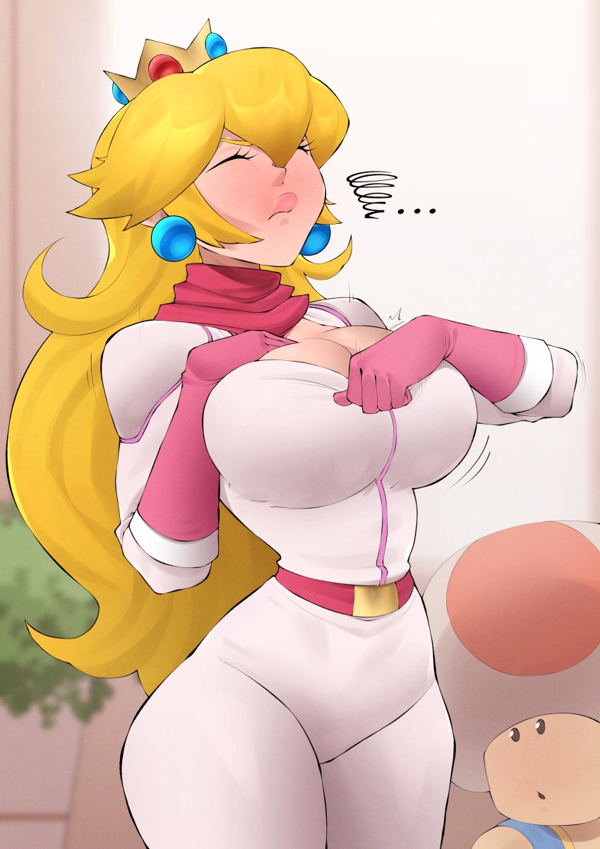 bodysuit curvy curvy_body curvy_female curvy_figure female flytrapxx hourglass_figure mario_(series) nintendo pressing_breasts princess_peach tagme tight_clothing tight_suit toad_(mario) voluptuous_female