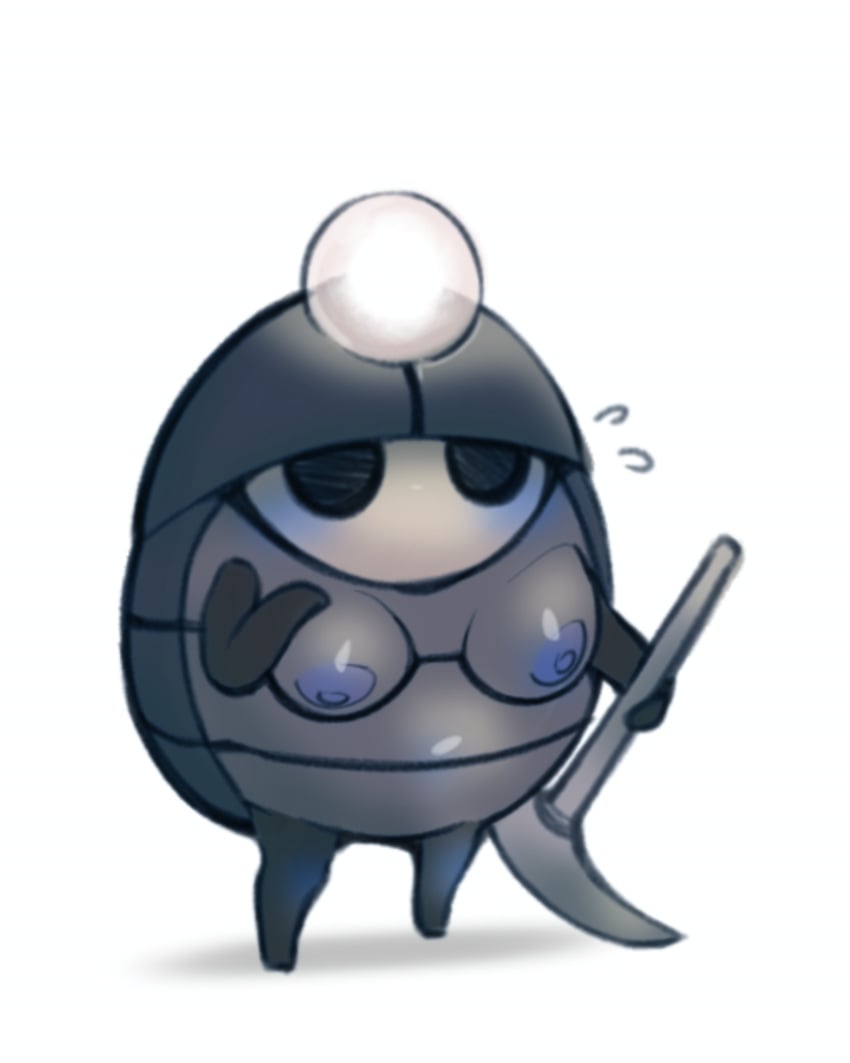 1girls 2025 absurdres areolae bayonet_(artist) beetle big_breasts blush breasts cleavage female female_only grey_body grey_skin hand_on_breast helmet hollow_knight insects myla_(hollow_knight) pickaxe shortstack solo