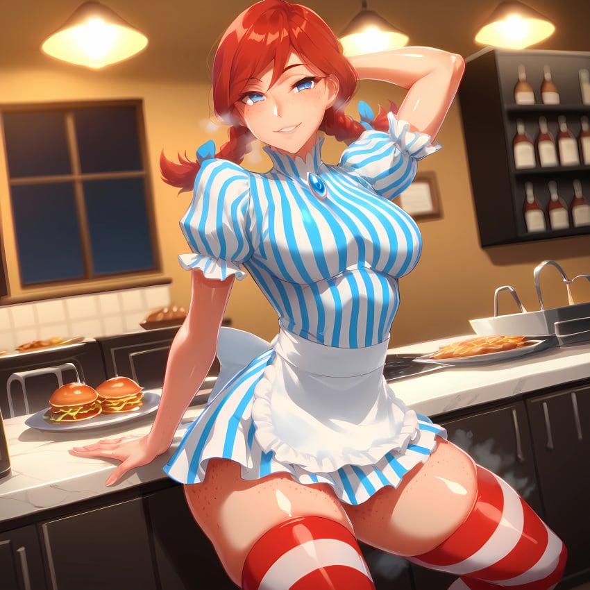 1boy 1girls ai_generated bursting busty female female_penetrated freckled_thighs freckles freckles_on_face plump red_hair redhead restaurant sasa_aiart slim_waist solo solo_female striped_legwear striped_thigh_highs thick thigh_highs twintails voluptuous voluptuous_female wendy's wendy_thomas