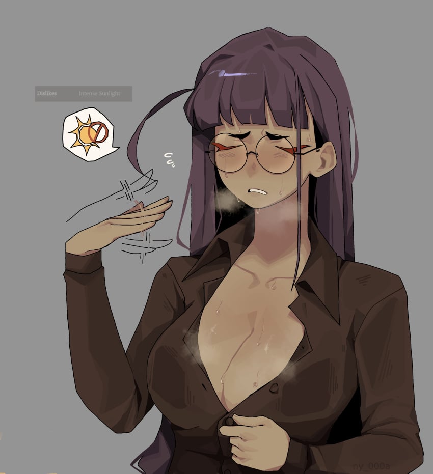 1girls big_breasts cleavage closed_eyes clothing dark-skinned_female dark_skin female glasses katriel_(library_of_ruina) library_of_ruina long_hair ny_000a project_moon purple_hair shirt sweat tagme