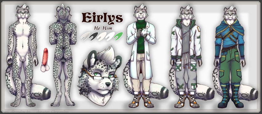 absurd_res balls clothing eyewear fantasy felid feline genitals glasses hi_res male mammal model model_sheet modern multiple_outfits nude pantherine penis snow_leopard tall