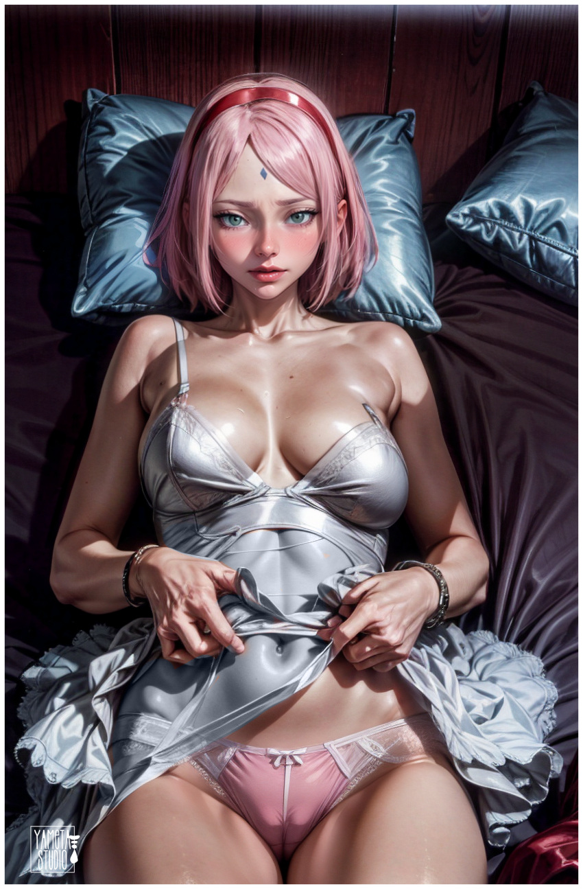 1girls ai_generated blush boruto:_naruto_next_generations cleavage embarrassed fanart female female_only green_eyes hi_res high_resolution jewelry lace lace-trimmed_bra lace-trimmed_panties lace_trim lingerie lingerie_only looking_at_viewer milf mother naruto naruto:_the_last naruto_(classic) naruto_(series) naruto_shippuden on_back on_bed partially_clothed pink_hair red_hairband sakura_haruno shiny_skin short_hair small_breasts stable_diffusion undressing yametastudio