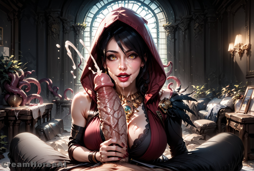 age_origins ai_generated big_ass big_balls big_breasts big_penis creamhorseai cum cum_on_face dragon_age_inquisition hi_res high_resolution highres huge_breasts huge_cock morrigan_(dragon_age) penis penis_awe perfect_body precum seductive seductive_eyes