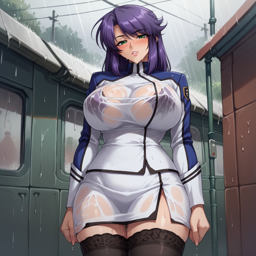 ai_eyes ai_generated blush breasts cloud female female_focus female_only green_eyes huge_breasts kangoku_senkan large_breasts lieri_bishop lilith-soft lips lipstick looking_at_viewer milf military military_uniform outdoors purple_hair raining rieri_bishop see-through see-through_bra see-through_clothing skirt smile taimanin_(series) thick_thighs thigh_highs thighhighs thighs thin_waist train_interior uniform voluptuous voluptuous_female wet wet_body wet_clothes wet_clothing