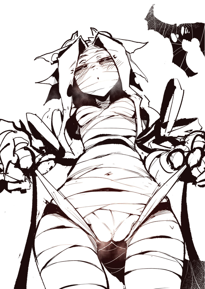 1girls bandage bandages blush breasts cameltoe female karasu_raven monster monster_girl mummy original pussy pussy_juice pussy_juice_drip solo thigh_gap