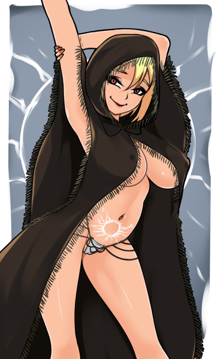 1girls arms_behind_head arms_up blonde_hair clothing cosplay cursemark_of_death deathbed_smalls elden_ring female female_only fia_the_deathbed_companion mending_rune_of_the_death_prince navel nipple_bulge oc panties pubic_tattoo red_eyes rungbersa saberrung solo solo_female tummy