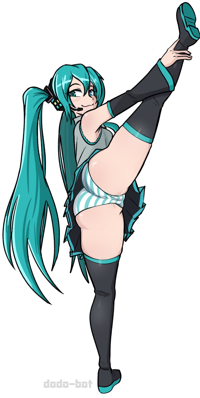 1female 1girls artist_name butt dodo-bot exposed_panties hatsune_miku holding_leg holding_leg_up holding_own_leg holding_own_leg_up long_hair panties pantsu pantyshot shimapan skirt vocaloid