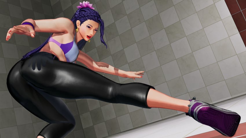 1girls ass athletic_female bending_over bent_over big_ass big_breasts braid busty clothed earrings female flexible flower flower_in_hair king_of_fighters light-skinned_female light_skin long_hair long_legs lotus luong_(kof) purple_eyes purple_hair shoes tall tall_female tank_top thick_thighs thighs tied_hair tight_clothing voluptuous_female yoga_pants