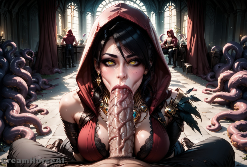 age_origins ai_generated big_ass big_balls big_breasts big_penis creamhorseai dragon_age_inquisition fellatio hi_res high_resolution highres huge_breasts huge_cock morrigan_(dragon_age) penis penis_awe perfect_body precum seductive seductive_eyes