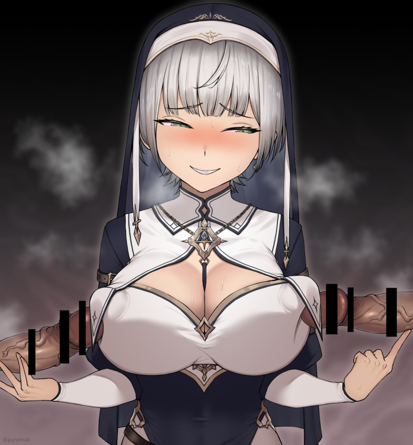 bar_censor blush breasts censored cleavage covered_nipples erection female green_eyes grey_hair grin half-closed_eyes highres hololive nun penis puru_(manatsu) shirogane_noel short_hair smile solo sweat veil virtual_youtuber